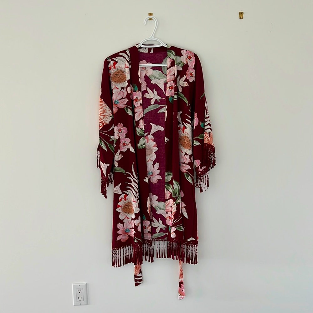 Burgundy floral robe with fringe detail